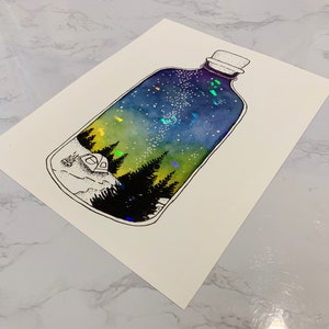 Bottled Summer Holographic Print, Galaxy Watercolor Painting, Holographic Print, Watercolor Galaxy, Camping Artwork, Watercolor Nature Art