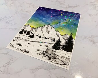 Holographic Print, Galaxy Watercolor Painting, Holographic Galaxy Painting, Watercolor Galaxy, Watercolor, Mountain Painting, Holographic