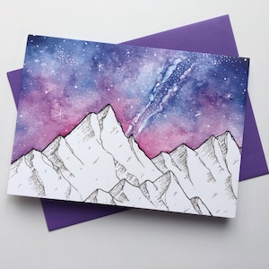 Cartão de felicitações de galáxia, cartão de montanha, cartão de parabéns, cartão de felicitações em branco, montanhas, arte de montanha em aquarela, cartão de felicitações