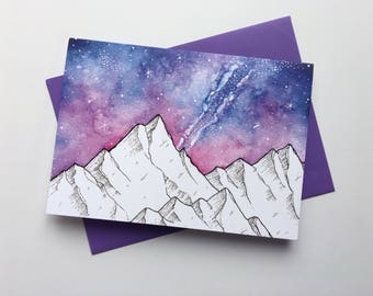 Galaxy Greeting Card, Mountain Card, Congratulations Card, Blank Greeting Card, Mountains, Watercolor Mountain Art, Greeting Card