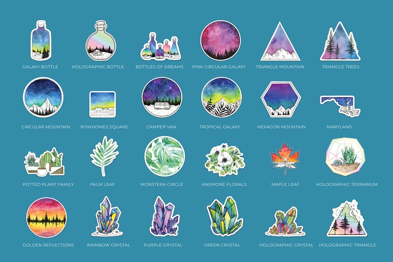 K&ouml;nnte beinhalten: Ein Set mit 20 Aquarell-Stickern mit verschiedenen Designs, darunter Galaxienflaschen, Berge, Pflanzen, Kristalle und ein Wohnmobil. Die Sticker sind alle wei&szlig; mit schwarzem Umriss und in einem Raster auf blauem Hintergrund angeordnet.