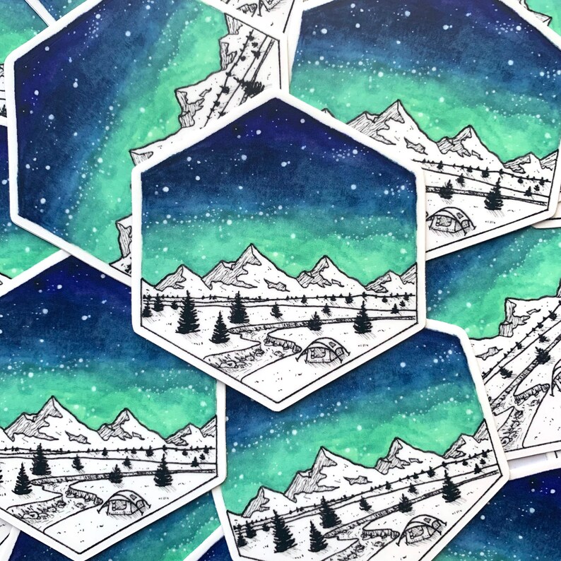 May include: A hexagonal sticker with a watercolor background of a starry night sky with a green aurora borealis. The sticker features a black line drawing of a mountain range with a river and a tent in the foreground.