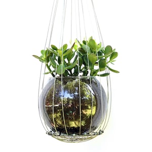 May include: A hanging planter with a round, dark glass container and a green succulent plant. The planter is made of a wire frame with a silver finish.