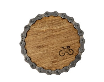 Bike Chain Coasters, Upcycled bike parts, Industrial Coasters, Metal and wood, Unique home decor, Repurposed Bike Parts,  Gift for biker