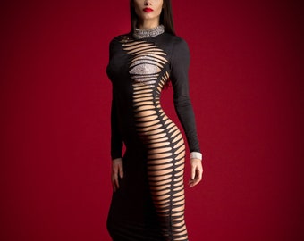 Long asymmetric sexy dress, cut out. OSÉ / Rave dress / Festival Clothing / Transparent / Bodycon / Burning Man / Cocktail and Evening