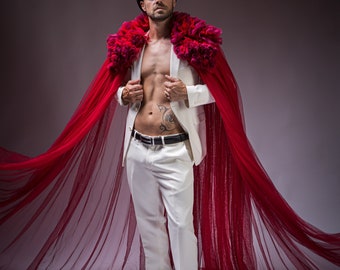 Red Cape in veil for men, Event, Festival, Stage, Singer Costumes