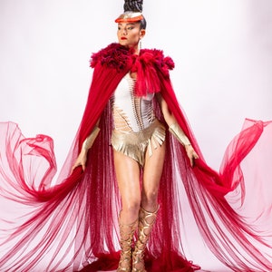 Red Cape in veil, glamour, evening, festival, stage, singer Costume Cape Fairytale Fantasy