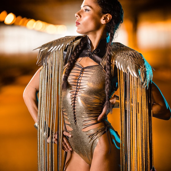 GOLD SHOULDER PIECES costume  with fringes & wings - Festival - Burning Man - stage wear