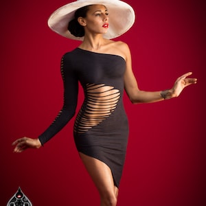 Asymmetric sexy dress, cut out. SOLEILINA / Party dress / Summer Clothing / Transparent / Bodycon / Sideless / Cocktail and Evening