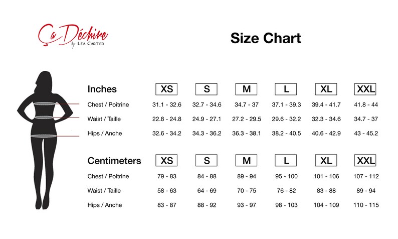 Puede incluir: Tabla de tallas para ropa en pulgadas y cent&iacute;metros. La tabla muestra las medidas de pecho, cintura y caderas en tallas XS, S, M, L, XL y XXL.
