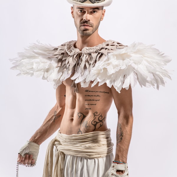 Déguisement avec épaulette à plumes - Festival - Burning man - tenues de scène AYO oiseau blanc