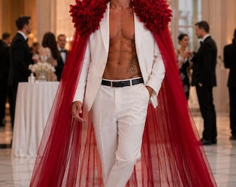 Red Cape in veil for men, Event, Festival, Stage, Singer Costumes