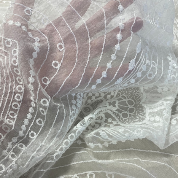 Embroidered Sheer Silk Chiffon Fabric by the Yard, Bridal Fabric by the Yard,  Embroidered Fabric by Yard, Yardage