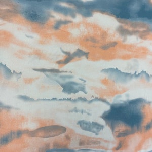 Puede incluir: Tela abstracta con un dise&ntilde;o estilo acuarela. El patr&oacute;n presenta formas suaves y difuminadas en tonos melocot&oacute;n, gris y azul sobre un fondo blanco. El dise&ntilde;o evoca un cielo nublado o un paisaje.