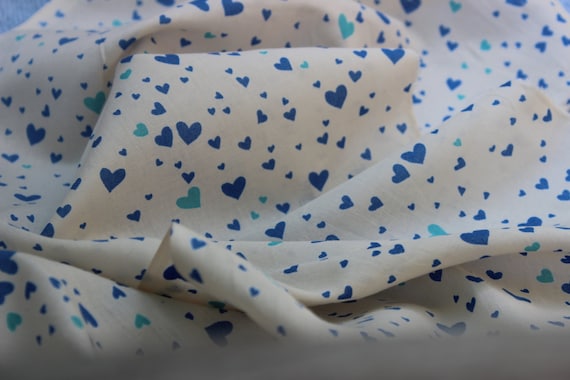Heart Print Cotton Voile Fabric: Blue & Green Hearts by the Yard