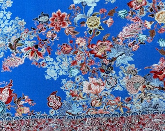 Floral Border Rayon Viscose Fabric: Blue & Red Print, 55" Wide