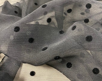 Black Flocked Spotted Crinkled Silk Chiffon Fabric by the Yard, Flocked Polka Dots by the Yard, Wide Goods