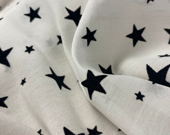 Sheer White Cotton Fabric: Black Flocked Stars by the Yard