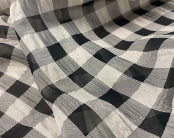 Gingham Crinkled Silk Chiffon Fabric by the Yard, Gingham Silk by the Yard, Checkered Silk