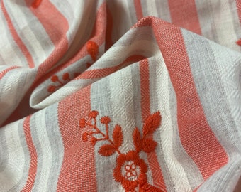 Embroidered Coral Striped Linen Fabric,  Coral Striped Linen Fabric by the Yard, Striped Linen Yardage, Deadstock Yardage