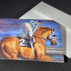 May include: A painting of a brown racehorse with a blue and white checkered bridle running with a jockey wearing a blue and white checkered uniform. The horse is wearing the number "2" on its side.
