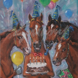 May include: Four brown horses wearing blue party hats gather around a chocolate cake with lit candles. One horse holds the cake and wears a red bow tie. Another horse holds a green gift box with a pink bow. The horses are surrounded by colorful balloons.