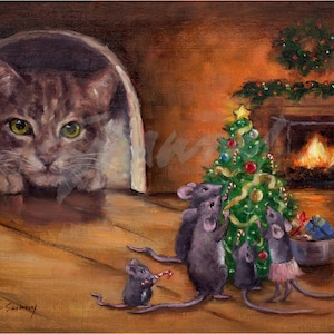 May include: A brown tabby cat peeks out from a doorway, watching a group of gray mice decorating a Christmas tree. The tree is decorated with ornaments, candy canes, and a star on top. The mice are wearing festive attire, including a pink tutu. The scene is set in a cozy living room with a fireplace and a wreath hanging on the wall.