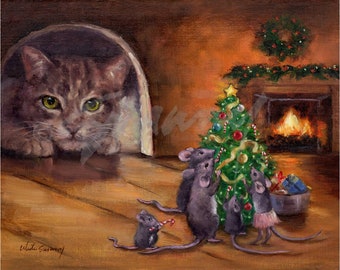 Christmas Card of Cat and Mice - "Peeping Tom Cat" by Celeste Susany