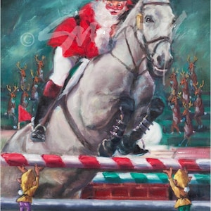 May include: A painting of Santa Claus riding a white horse over a red and white striped fence.  Two elves are watching from below.  The horse is jumping over the fence and Santa is wearing a red suit and a black riding hat.  The background is a green and blue color.