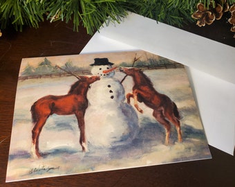 Christmas Cards of Snowman and Horses - "Winter Frolic" by Celeste Susany