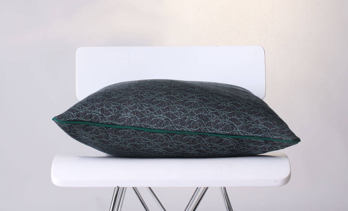 Green Patterned Pillow Cover With Piping, Jacquard Pillow, Green Throw