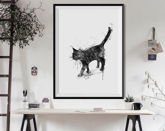NERO CAT Acquerello Arte Stampa Compleanno Regalo Casa Animale Inchiostro illustrazioni Art Print Wall ParetE Decorazione Art Home regalo di Natale (6-No3)