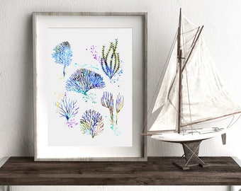Arte con estampado de corales, vida marina, acuarela, arte de corales marinos, decoración de baño, decoración de playa, decoración costera, arte náutico, coral azul bajo el agua (46-Nº2)