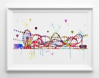 Amusement Rollercoaster Park Print Watercolor Park Print Rollercoaster Print Nursery Wall Decor Child Gift Art for Kids Decor Print (22-Nº5)