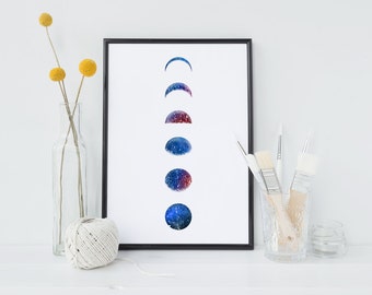 MOON PHASES Watercolor art Print poster universe galaxy  Ink Painting Esoteric Art Wall Art Gift Decor Poster Wall Decor Art planets (64)