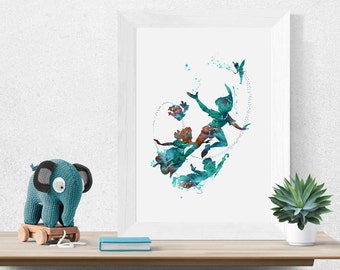 PETER PAN Poster Watercolor Print Ink Wendy Kids illustration Print Wall Art Gift Decor Poster Wall Decor Art Home Decor (54-Nº2)