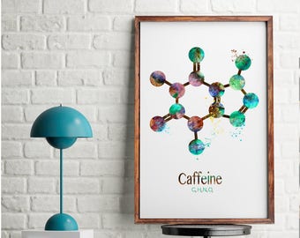 Caffeine Molecule Print Coffee Art Print Watercolor Kitchen Decor Chemical Art Print Caffeine Art Particle chemistry art Science (21-Nº16)