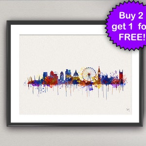 May include: A watercolor painting of the London skyline, featuring the London Eye, Big Ben, and other iconic landmarks. The painting is in a black frame and has a white background.