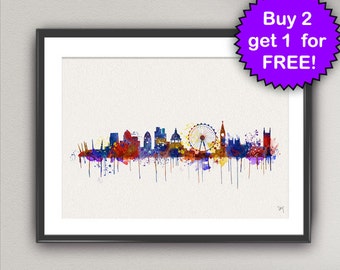 Impresión artística de acuarela del horizonte de Londres, Inglaterra, Europa, países, ilustraciones de pintura en tinta, impresión artística, póster de arte de pared, decoración de pared para el hogar (23-Nº1)