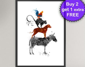 BREMEN Town MUSICIANS Watercolor Art Print Donkey Dog Cat Rooster Animal Ink Art Print Wall Art Poster Giclée Wall Decor Art Home (16-Nº1)