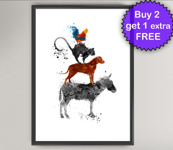 BREMEN Town MUSICIANS Watercolor Art Print Donkey Dog Cat Rooster