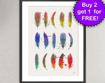 FEATHERS Watercolor Art Print Ink Colorful Vintage Painting illustrations Art Print Wall Art Poster Giclée Wall Decor Art Home (55-Nº6)