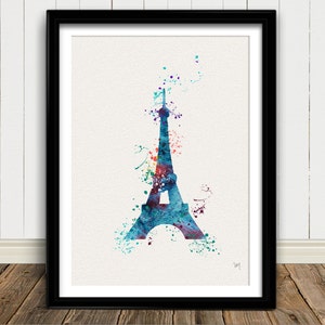 Puede incluir: Una pintura de acuarela de la Torre Eiffel en tonos de azul, verde y morado. La torre est&aacute; rodeada de salpicaduras de pintura de colores.