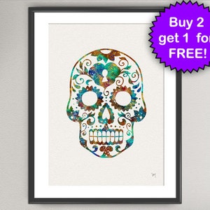 SUGAR SKULL Watercolor Print Dia de los Muertos Halloween Painting Print Wall Gift Decor Poster Wall Decor Art Home Decor (17-Nº1)