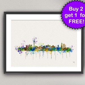 May include: A watercolor painting of the Berlin skyline with a white background. The skyline is in shades of green, blue, yellow, and brown. The painting has a splatter effect.
