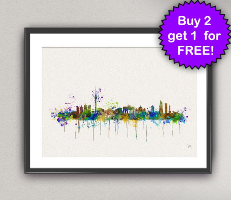 May include: A watercolor painting of the Berlin skyline with a white background. The skyline is in shades of green, blue, yellow, and brown. The painting has a splatter effect.