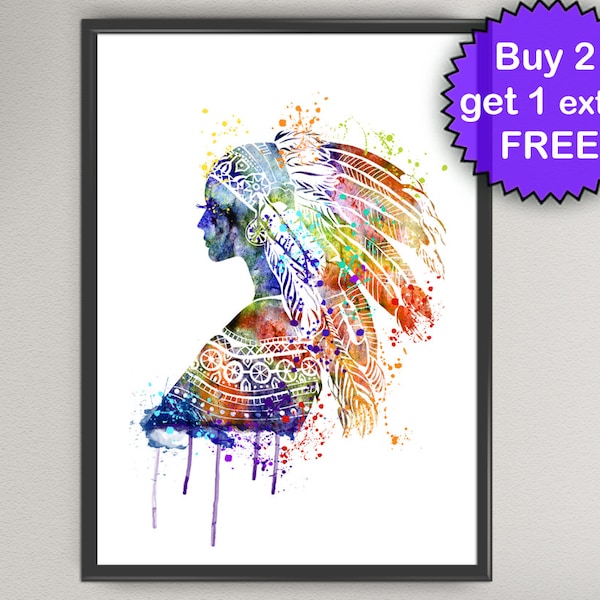 NATIVE American HEADDRES Watercolor Art Print native Dreamcatcher Art Poster Print Ink Painting Wall Art Poster Giclée (51-Nº1)