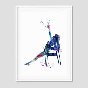 May include: A watercolor painting of a person in a blue and purple silhouette sitting on a chair with one leg extended. The person's arm is raised above their head. The background is white with blue and purple watercolor splatters.