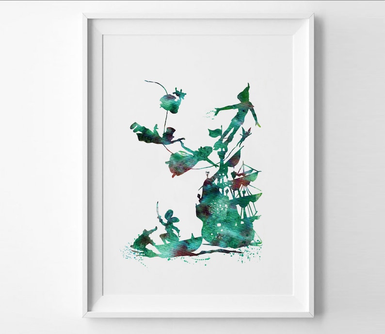 May include: A watercolor painting of Peter Pan and the Lost Boys flying over a ship. The painting is in shades of green and blue.