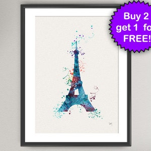 Puede incluir: Una pintura de acuarela de la Torre Eiffel en tonos azules, verdes y morados. La torre est&aacute; rodeada de salpicaduras de pintura de colores.